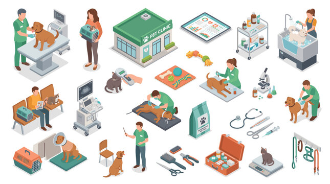 Veterinary Clinic Isometric Set with Pet Care and Medical Equipment.