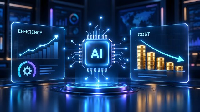 AI Microchip Balancing Business Efficiency Growth and Financial Cost Reduction Concept