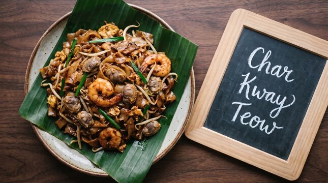 Char kway teow with prawns and menu board