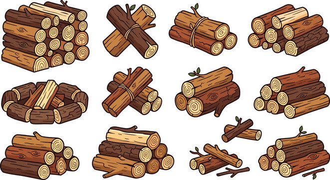 Firewood logs mega vector cartoon set with campfire layout piles and bundles of timber on white