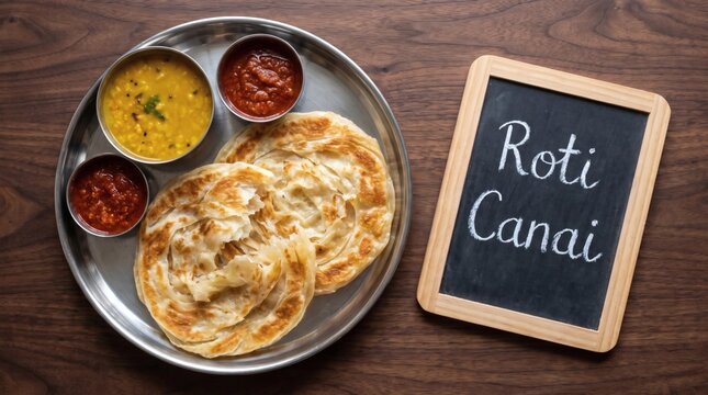Roti canai with dhal sambal and menu board