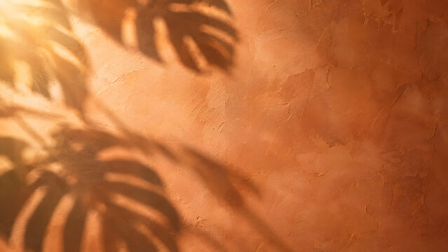 モンステラの葉の影がテラコッタ色の漆喰壁に落ちる背景（実験枠） / Monstera Leaf Shadow on Terracotta Plaster Wall Background