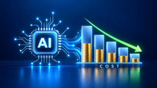 AI Artificial Intelligence Chip Driving Cost Reduction Concept with Descending Bar Chart and Green Downward Arrow