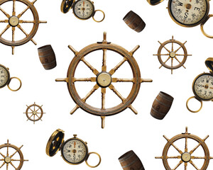 Vintage nautical equipment set with wooden ship wheel steering, anchor, compass, and telescope isolated on white background © adi