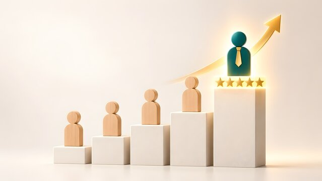 Green figure standing on the top pedestal of a rising chart with five stars and a golden arrow showing career growth and business success.