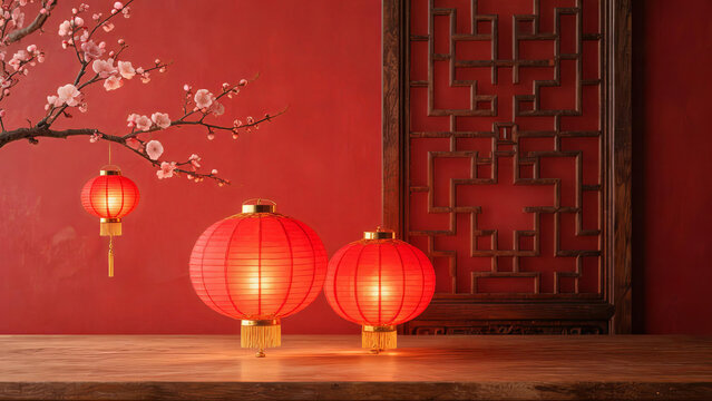 Red traditional lanterns and plum blossom branch placed on wooden table against red wall with wooden lattice screen, for festive decoration.