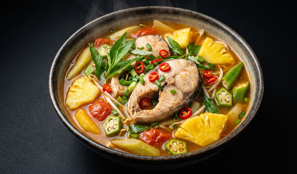 Canh Chua Ca (Vietnamese Sour Fish Soup): A colorful hot bowl of Vietnamese tamarind sour soup containing snakehead fish steaks, pineapple chunks, and tomatoes,