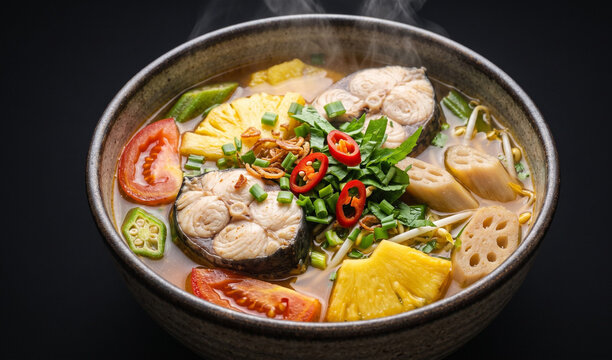 Canh Chua Ca (Vietnamese Sour Fish Soup): A colorful hot bowl of Vietnamese tamarind sour soup containing snakehead fish steaks, pineapple chunks, and tomatoes,