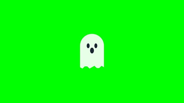 A flat vector cute/spooky ghost floating with a wavy tail on a greenscreen.