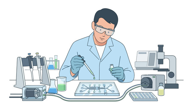 Professional male scientist conducting microfluidic chip research in medical laboratory flat vector illustration.