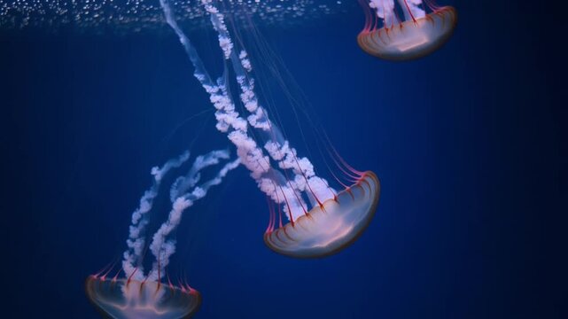 Striped orange sea nettle jellyfish floating near water surface in deep blue sea