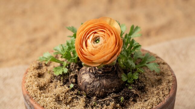 Single Orange Ranunculus Flower Growing from a Plant Corm in Soil