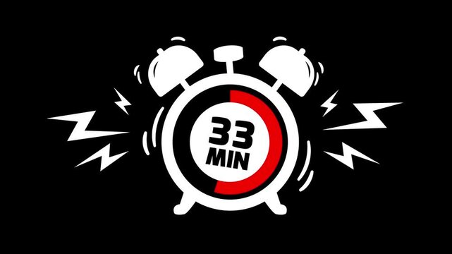 33 min clock icon animation on black background. Timer 33 minutes countdown with alarm clock animation. alarm Clock with 33 minute and circular arrows timer animation. 33 minute timer animation.