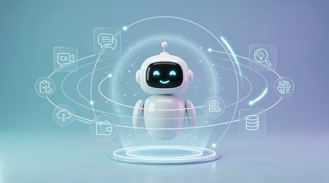 Friendly white robot character surrounded by orbiting holographic UI icons showing global connectivity and task automation workflow in advanced digital technology environment