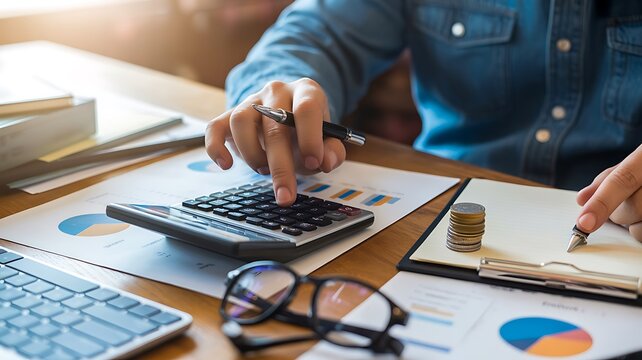 Business Finance and Accounting with Calculator, Financial Charts, Documents and Coins on Office Desk, Budget Planning, Investment and Money Management
