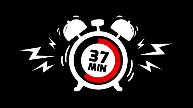 37 min clock icon animation on black background. Timer 37 minutes countdown with alarm clock animation. alarm Clock with 37 minute and circular arrows timer animation. 37 minute timer animation.