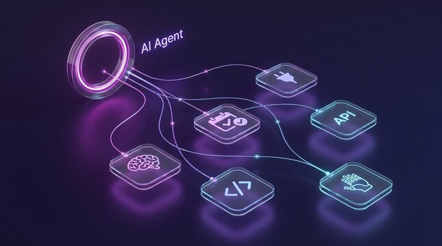 Sophisticated agent interface with glowing glass icons linked by fiber optic lines showcasing api integration and programming code logic for automated software development