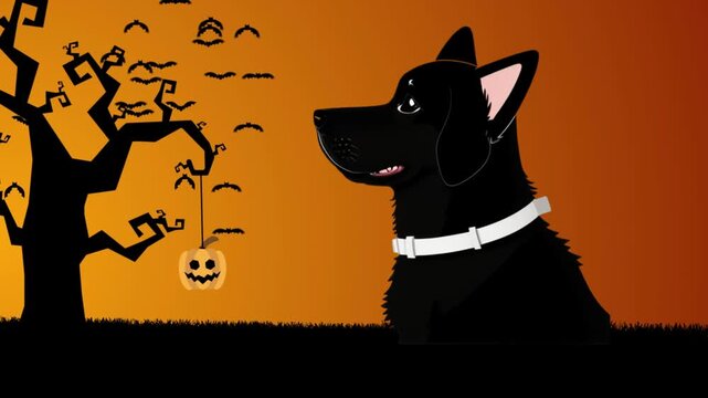 Halloween black dog illustration with hanging pumpkin on orange