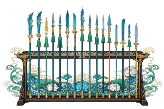 Traditional Chinese Weapon Rack With Teal Blue Spears Halberds Guandao Tassels And Lotus
