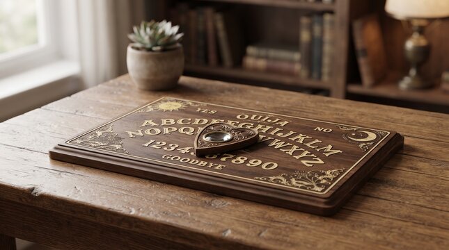 Vintage talking board with intricate design and planchette on a rustic wooden table, creating an atmosphere of mysterious divination and spiritual exploration
