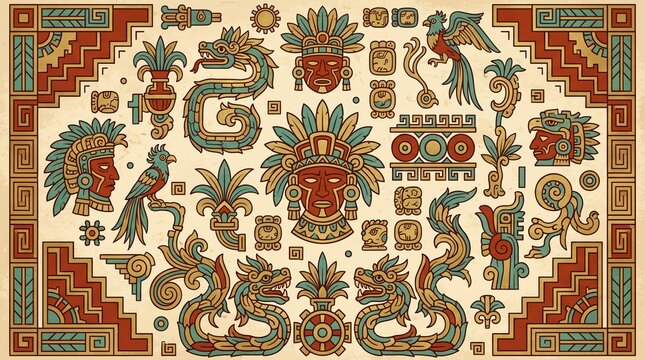 Ancient Mesoamerican Aztec and Mayan Culture Illustration with Feathered Serpents and Indigenous Deities Symbols