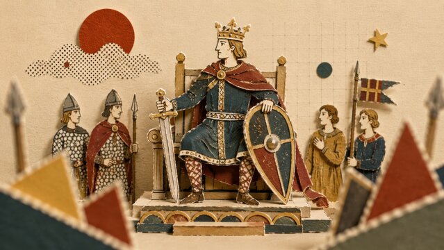 Medieval king crowned on a throne holding a sword and kite shield, guards and courtiers either side, paper craft scene. Kingship and Norman rule
