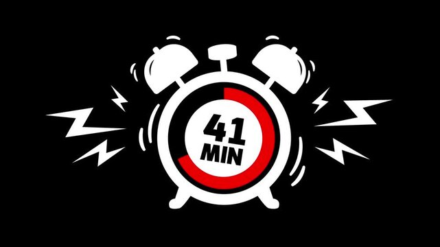 41 min clock icon animation on black background. Timer 41 minutes countdown with alarm clock animation. alarm Clock with 41 minute and circular arrows timer animation. 41 minute timer animation.