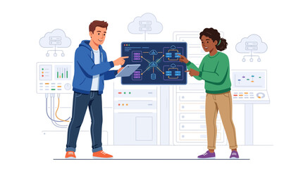 Obraz premium Diverse Team Collaborating on Cloud Network Architecture in Data Center