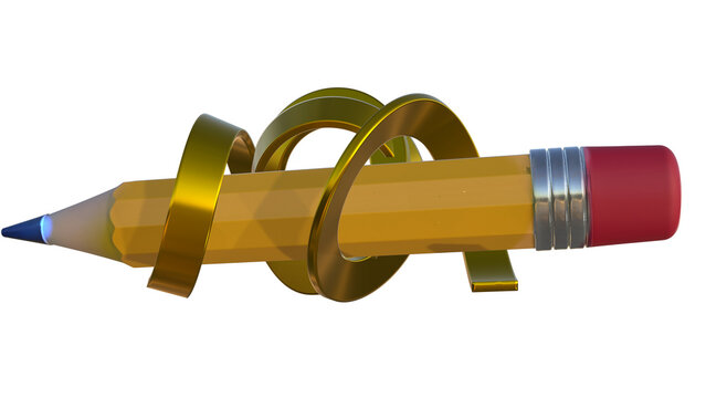 Golden mechanical pencil surrounded by metallic spiral rings with sharpened graphite tip and red eraser