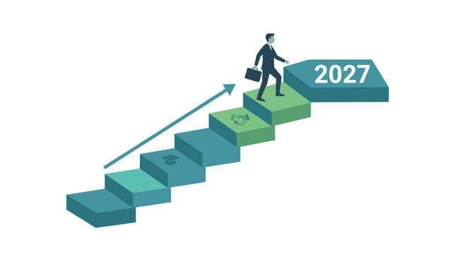 A businessman climbing up a staircase of success towards the year 2027 with financial growth and career goals