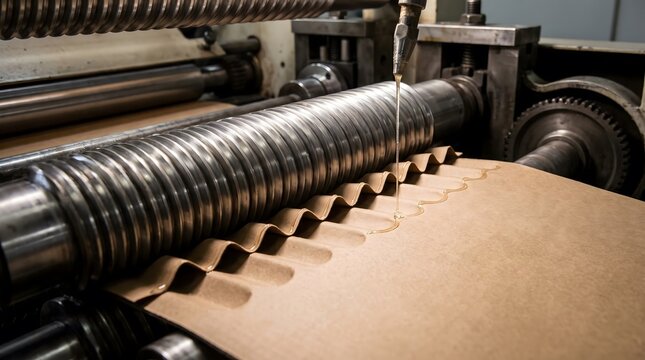 Corrugating machine applying hot glue to corrugated paper