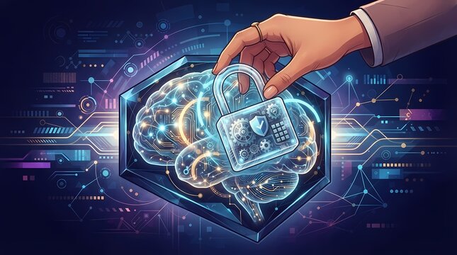 Artificial intelligence brain security concept with digital lock.