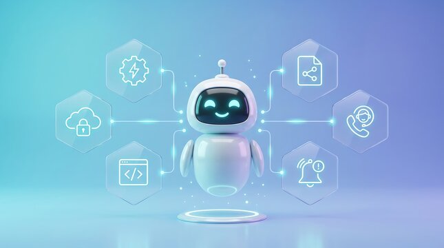 Friendly 3D robot character in center surrounded by floating UI icons for cloud security and web development services in digital tech environment with blue gradient background