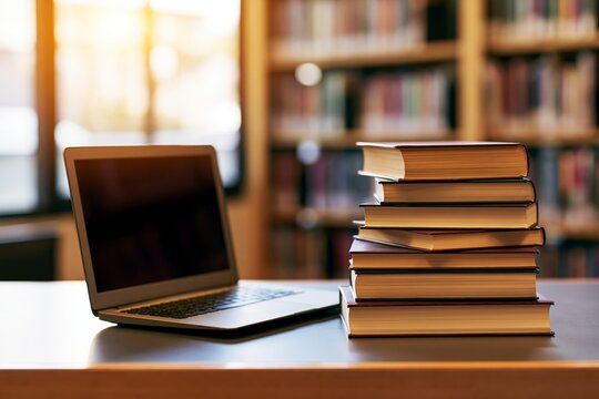 Laptop book stack library table study education learning research technology beside book stack on wooden table in blurred library background with warm light