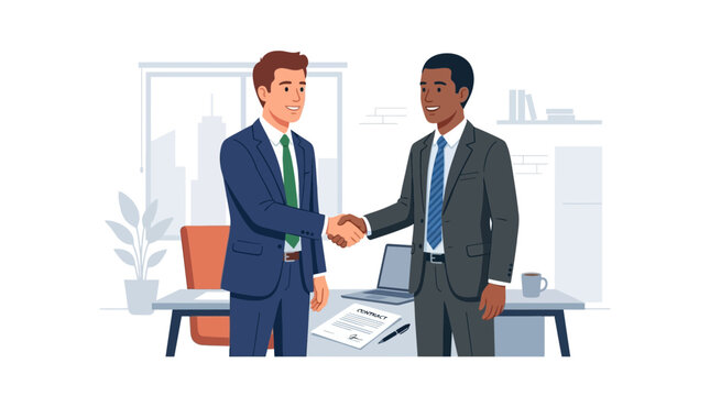 Two businessmen shaking hands in an office, finalizing a deal, representing partnership and agreement.