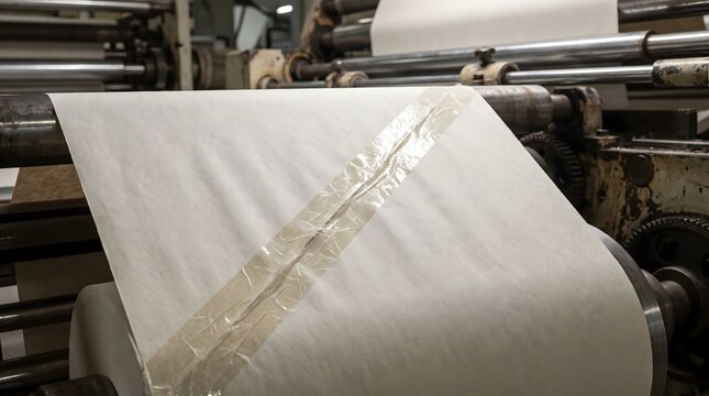 Large paper roll splice with tape on industrial machine