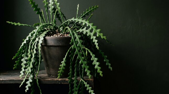 Unique Ric Rac Cactus with Zig Zag Stems in Dark Pot on Wooden Surface