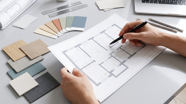 Architectural designer working with blueprints and material palette samples on desk to create interior design layout for new housing project development and construction planning process