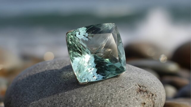Radiant pale green and clear aquamarine gemstone with intricate facets resting on a coastal rock