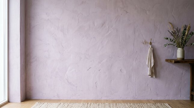 Minimalist interior with textured lavender wall and dried floral arrangement