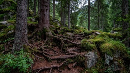 Fototapeta premium Towering ancient trees with exposed, gnarled roots forming an intricate network across a moss-covered forest floor.