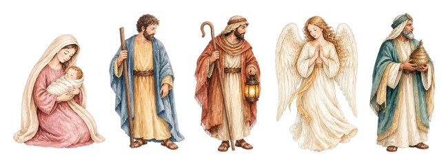 Obraz premium PNG Nativity watercolor figures featuring Mary, shepherds, angel and magi