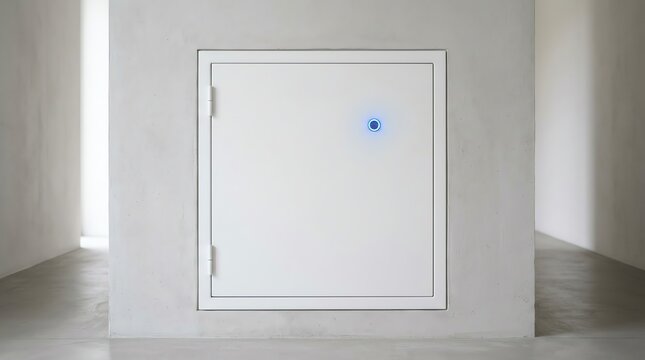 Minimalist white wall safe with a glowing blue biometric lock indicator in a modern interior space