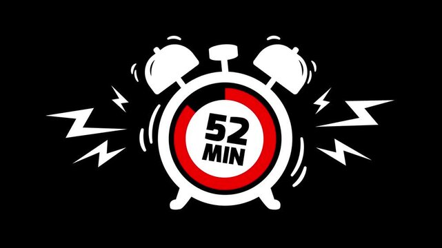 52 min clock icon animation on black background. Timer 52 minutes countdown with alarm clock animation. alarm Clock with 52 minute and circular arrows timer animation. 52 minute timer animation.