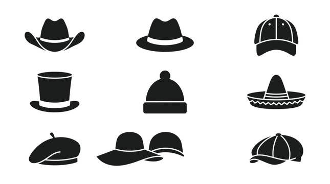 Black and white vector icons set of various stylish hats and caps for apparel design