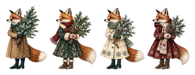 Obraz premium PNG Four vintage fox characters wearing festive winter outfits