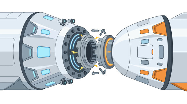 Advanced futuristic spacecraft docking port mechanism engaging for orbital connection flat design vector illustration