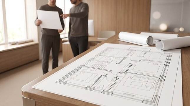 Architects standing by large wooden conference table reviewing floor plan blueprints for new residential housing development project in bright modern office with natural lighting