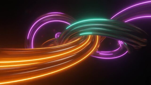 Abstract futuristic 3D render of glowing neon fiber optic cables transferring digital data in high speed cyberspace network