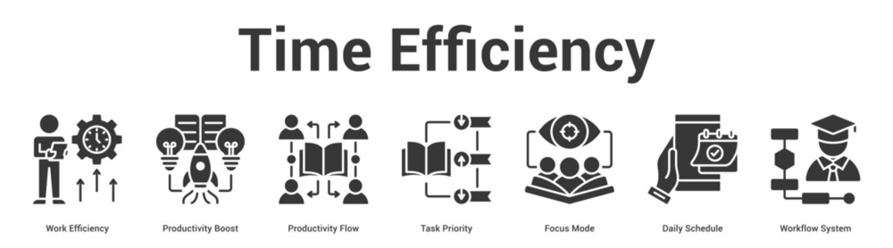 Time Efficiency web banner icon set vector illustration concept for business with icon of Work Efficiency, Productivity Boost, Productivity Flow, Task Priority, Focus Mode, Daily Schedu.